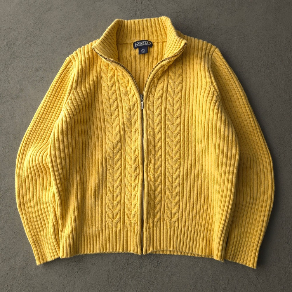 Vintage 90s Lands End Yellow Cardigan M Petite Cable Knit Full Zip Sweater